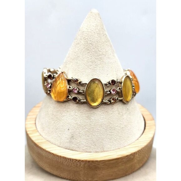 Honey Colored Cabochon Bracelet - Leaf Motif With Rhinestone Accents - Picture 3 of 5